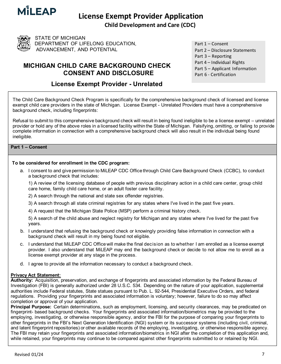 License Exempt Provider Application - Michigan, Page 7