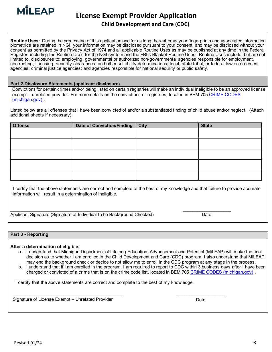 License Exempt Provider Application - Michigan, Page 8