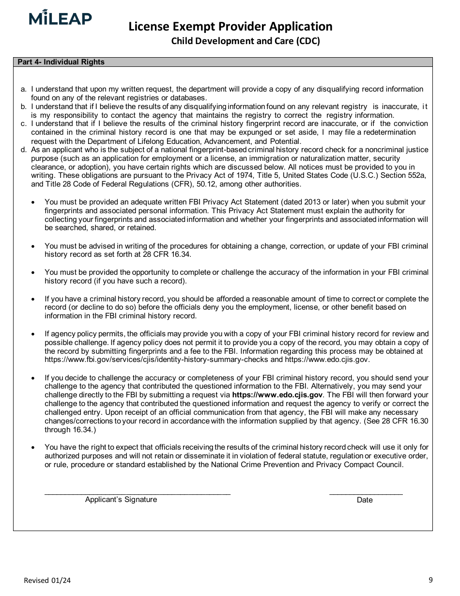 License Exempt Provider Application - Michigan, Page 9