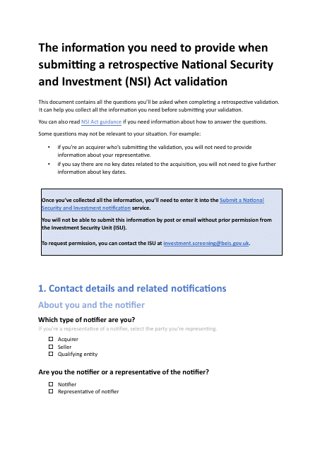 National Security and Investment (Nsi) Act Retrospective Validation Form - United Kingdom
