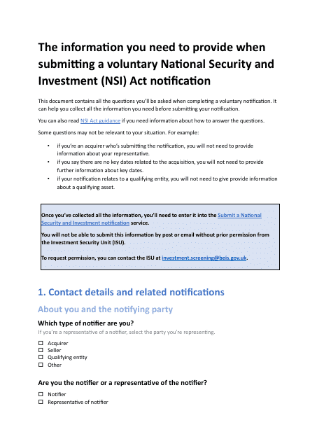 National Security and Investment (Nsi) Act Voluntary Notification Form - United Kingdom