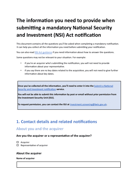 National Security and Investment (Nsi) Act Mandatory Notification Form - United Kingdom