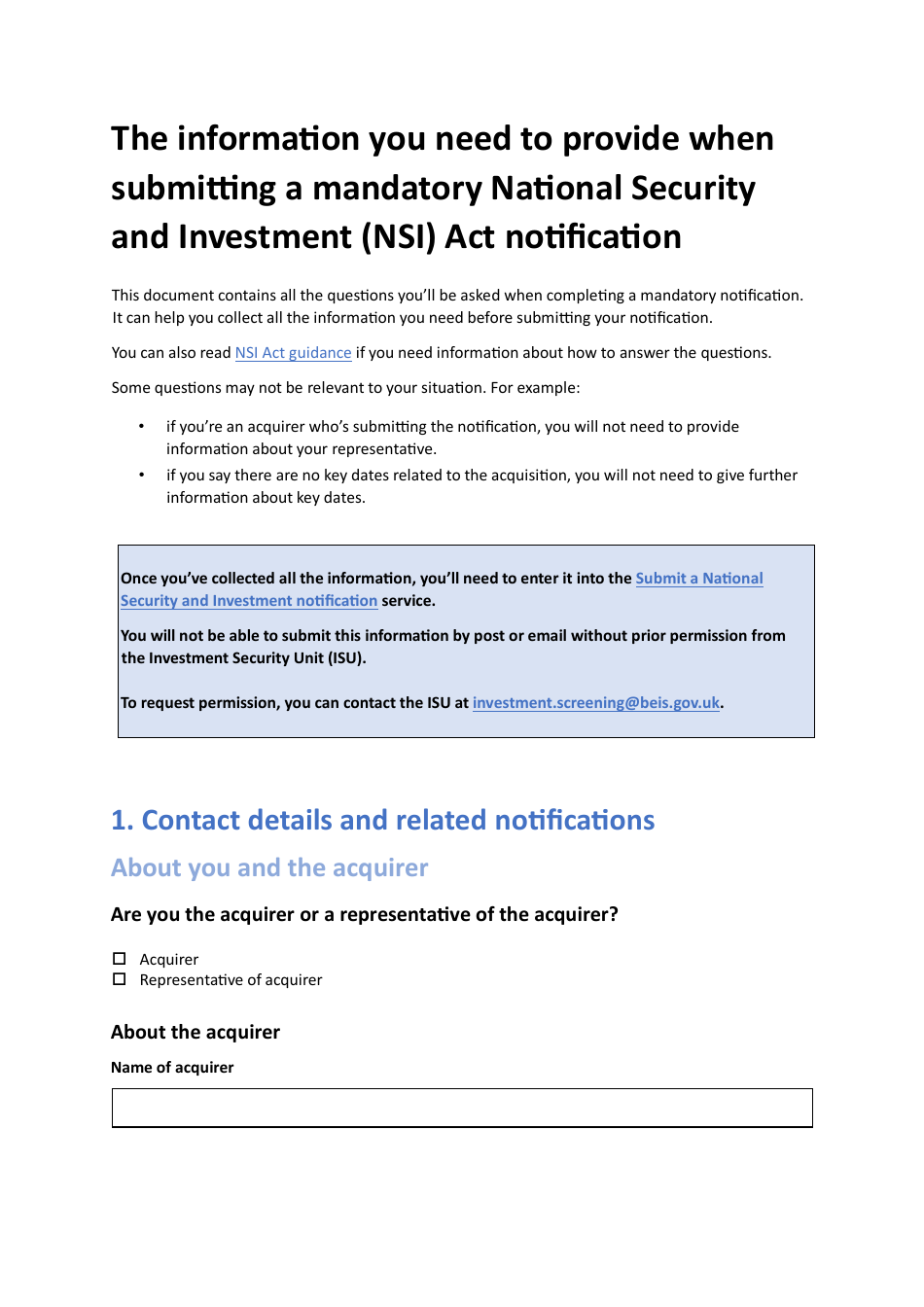 National Security and Investment (Nsi) Act Mandatory Notification Form - United Kingdom, Page 1