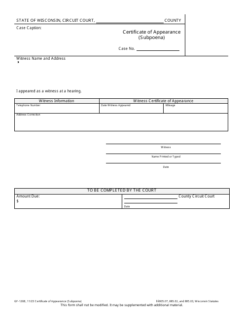 Form GF-126B Certificate of Appearance (Subpoena) - Wisconsin