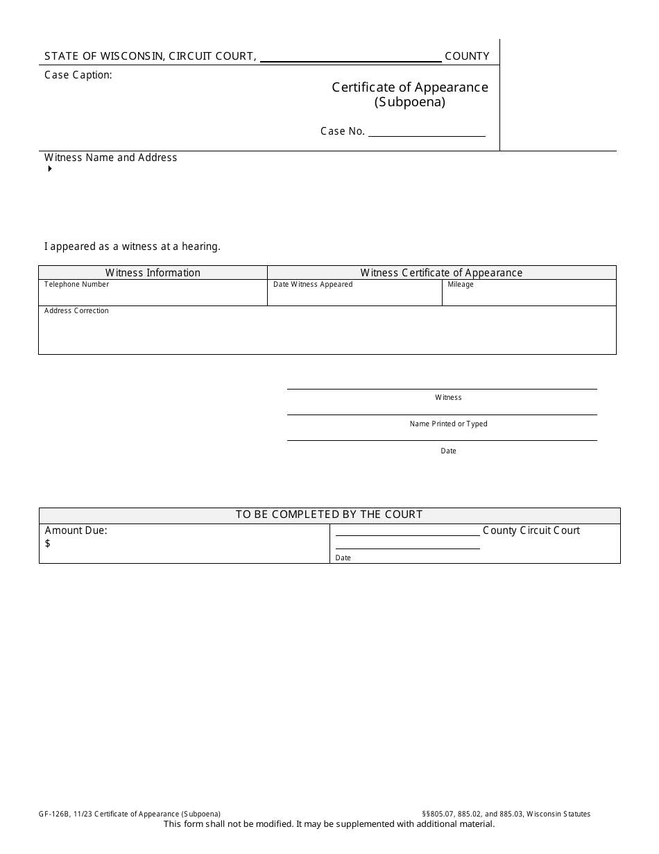 Form GF-126B Certificate of Appearance (Subpoena) - Wisconsin, Page 1
