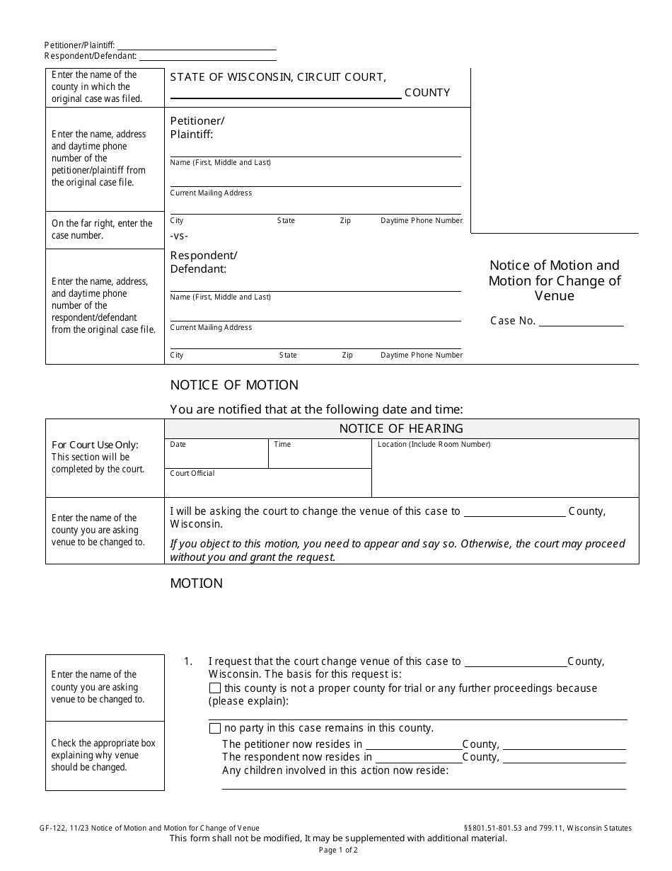 Form GF-122 Notice of Motion and Motion for Change of Venue - Wisconsin, Page 1