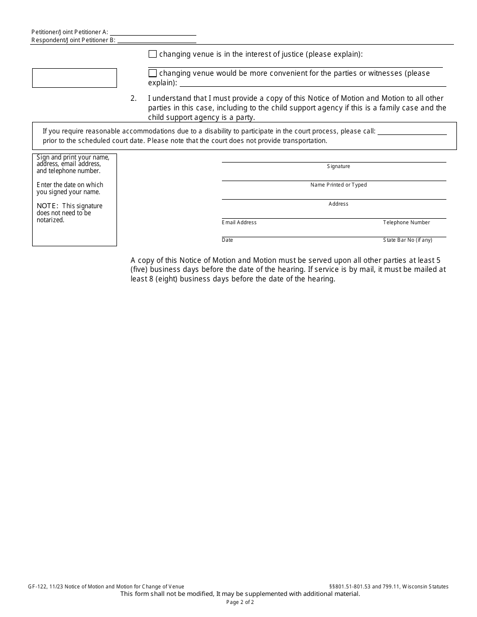 Form GF-122 Notice of Motion and Motion for Change of Venue - Wisconsin, Page 2