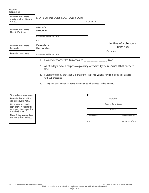 Form GF-174 Notice of Voluntary Dismissal - Wisconsin
