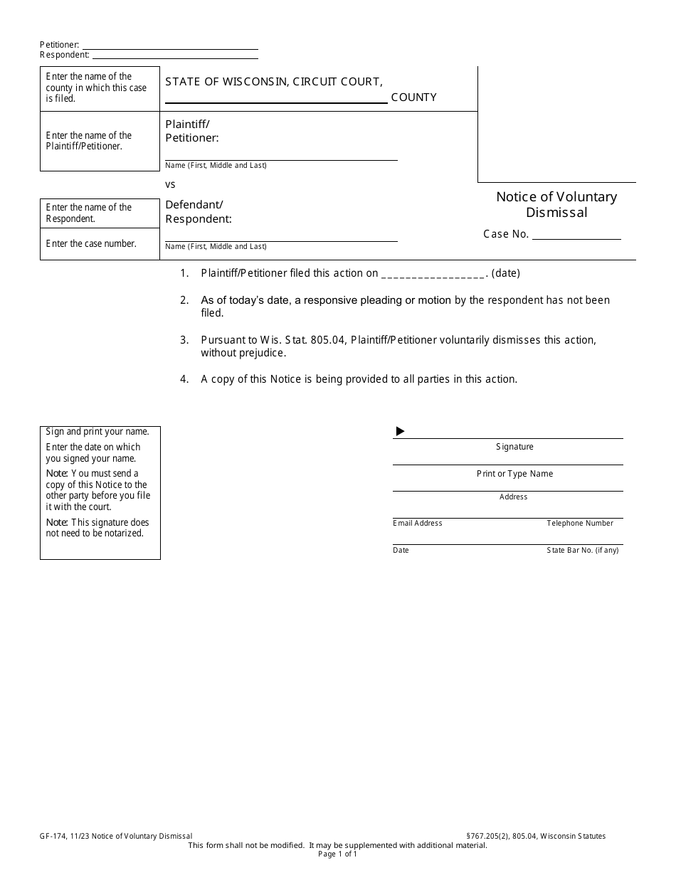 Form GF-174 Notice of Voluntary Dismissal - Wisconsin, Page 1