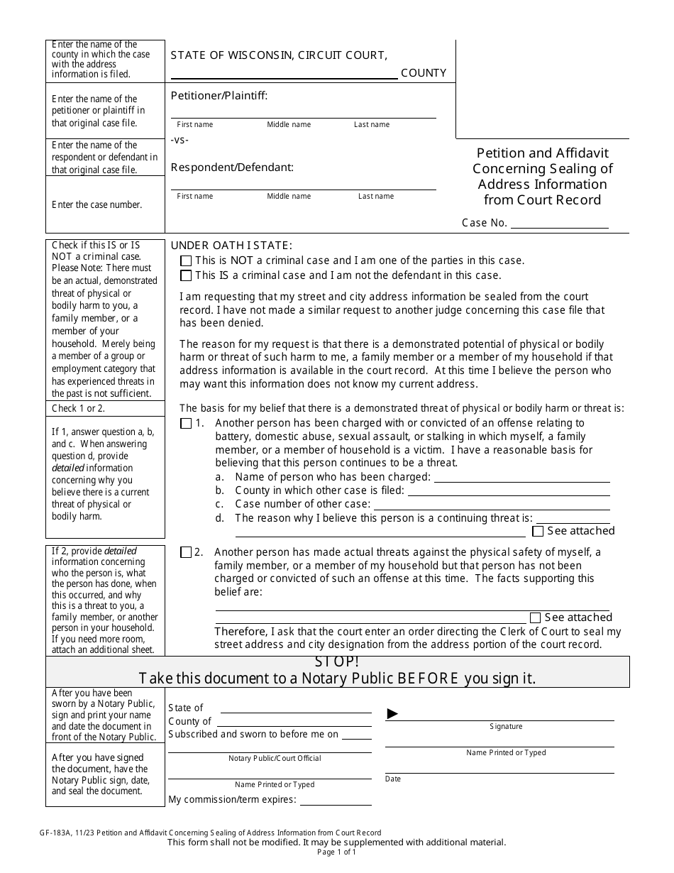 Form GF-183A Petition and Affidavit Concerning Sealing of Address Information From Court Record - Wisconsin, Page 1