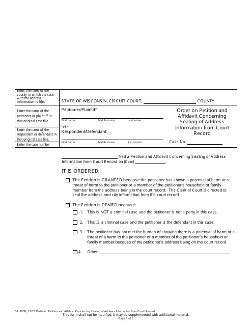 Form GF-183B Order on Petition and Affidavit Concerning Sealing of Address Information From Court Record - Wisconsin