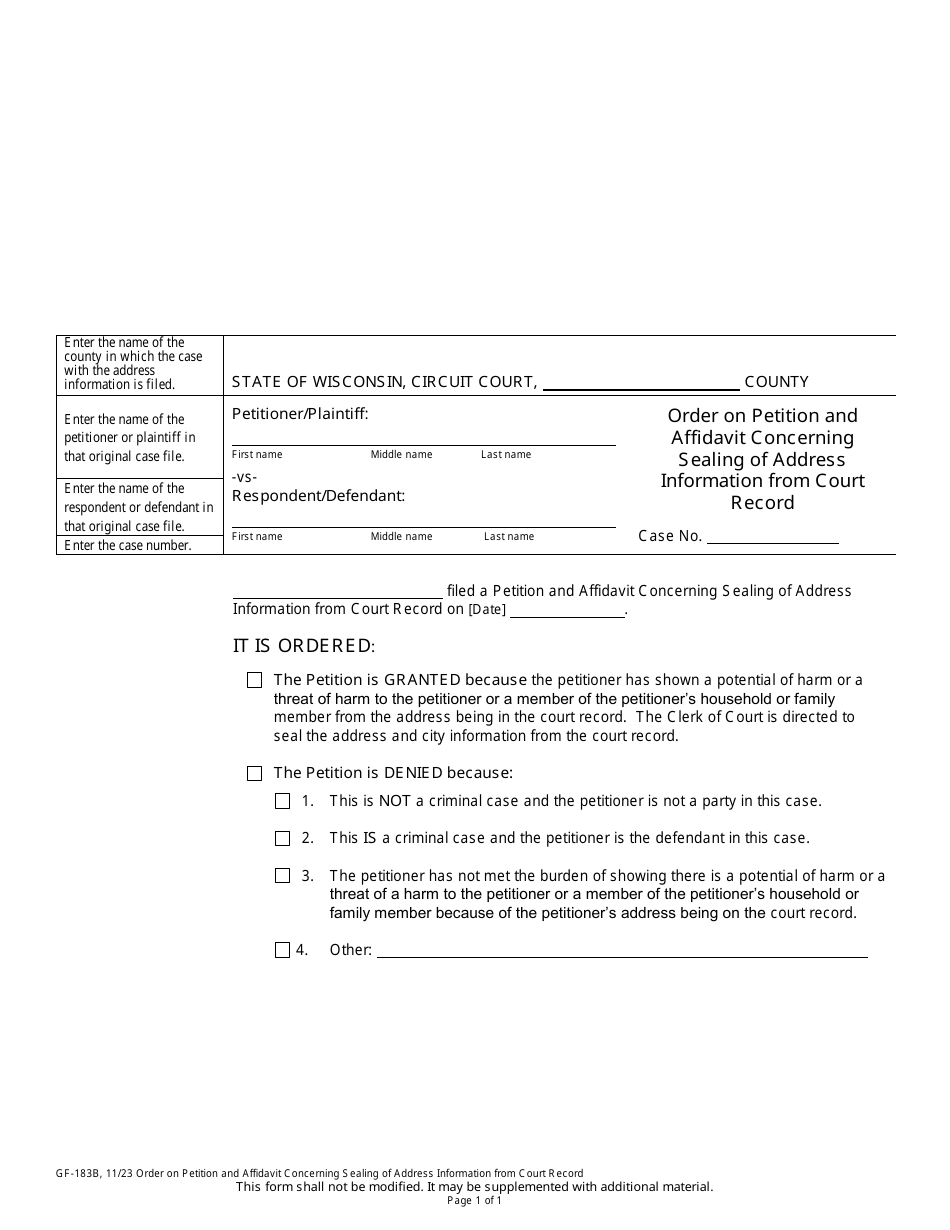Form GF-183B Order on Petition and Affidavit Concerning Sealing of Address Information From Court Record - Wisconsin, Page 1