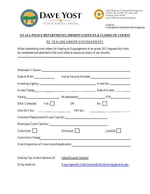 Sealing and / or Expungement Request - Ohio Download Pdf