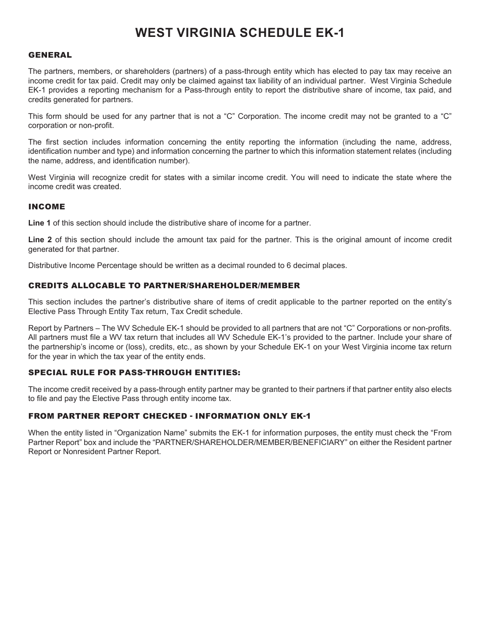 Schedule EK-1 Schedule of Wv Partner / Shareholder / Member / Beneficiary Elective Pass-Through Entity Income Credit - West Virginia, Page 2