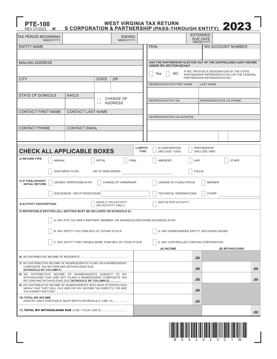 Form PTE100 Download Printable PDF or Fill Online West Virginia Tax