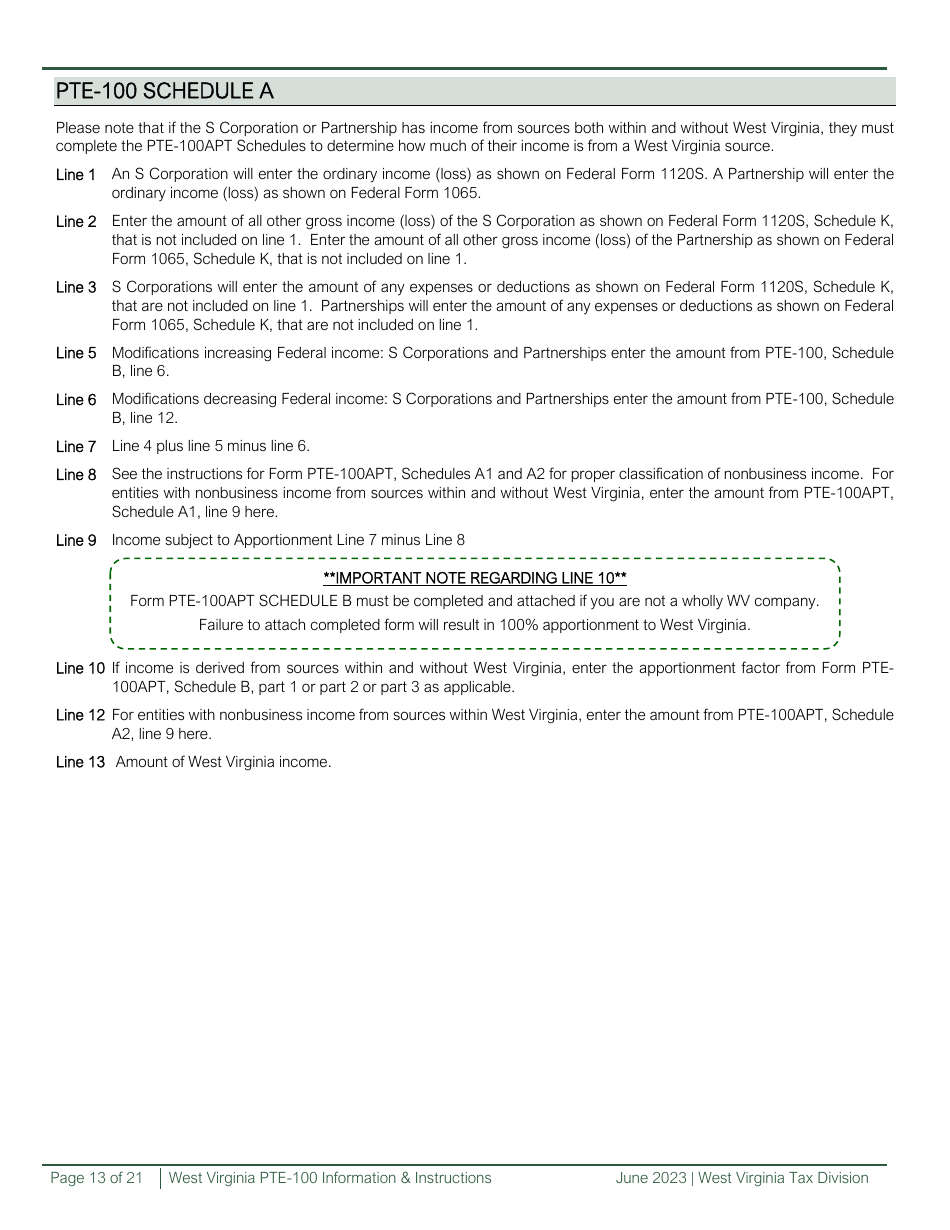 Instructions for Form PTE-100, PTE-100TC, PTE-100APT Schedule A, B, C, D, K-1, K-1C, NRW-2, SP - West Virginia, Page 13