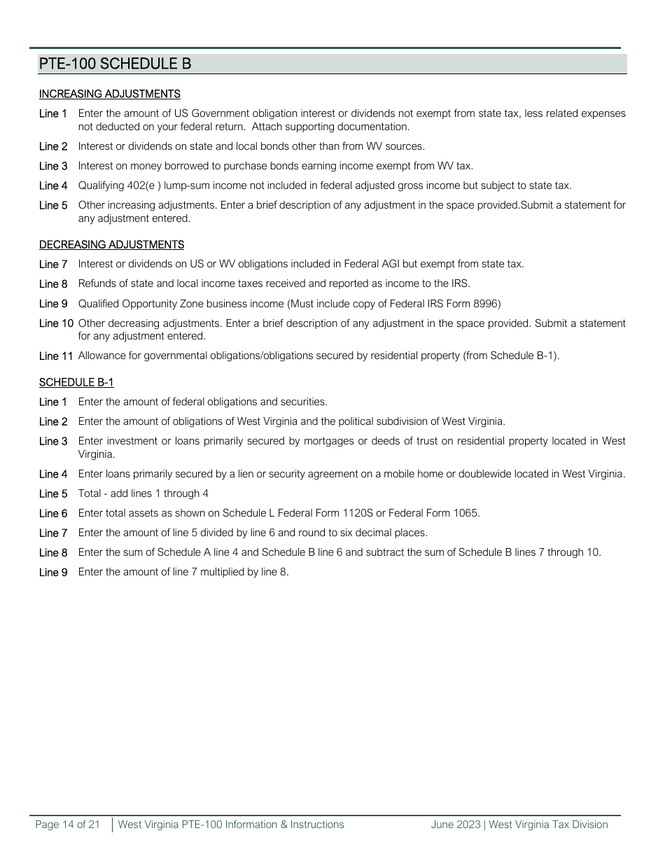 Download Instructions for Form PTE-100, PTE-100TC, PTE-100APT Schedule ...