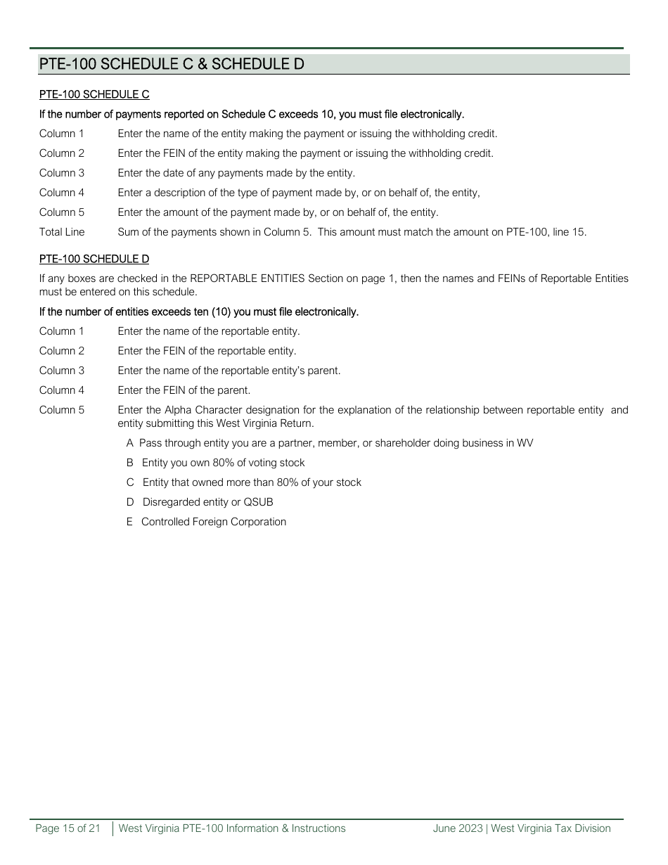 Download Instructions for Form PTE-100, PTE-100TC, PTE-100APT Schedule ...