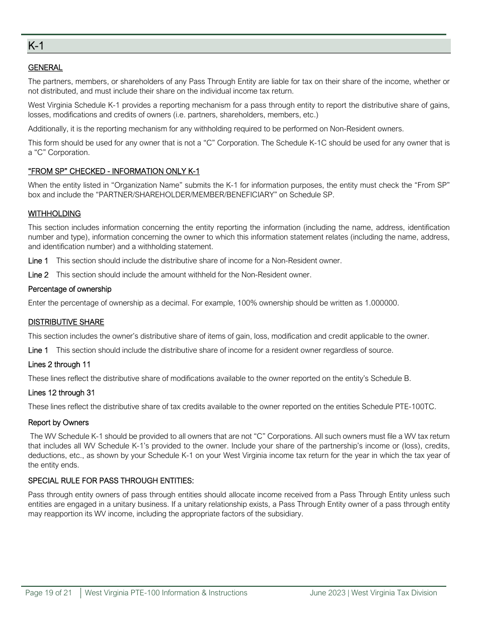 Instructions for Form PTE-100, PTE-100TC, PTE-100APT Schedule A, B, C, D, K-1, K-1C, NRW-2, SP - West Virginia, Page 19