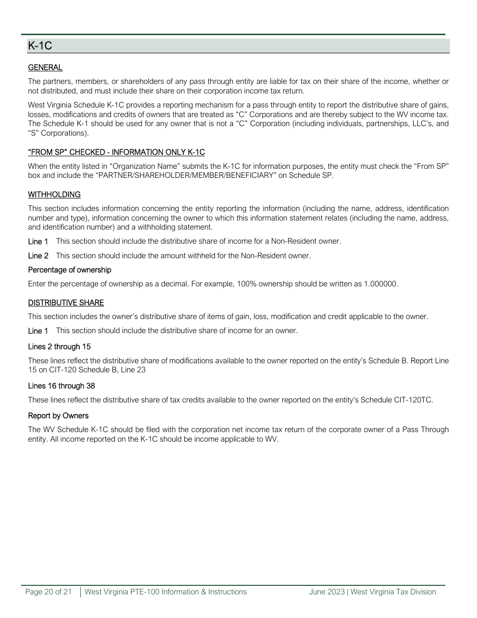Instructions for Form PTE-100, PTE-100TC, PTE-100APT Schedule A, B, C, D, K-1, K-1C, NRW-2, SP - West Virginia, Page 20
