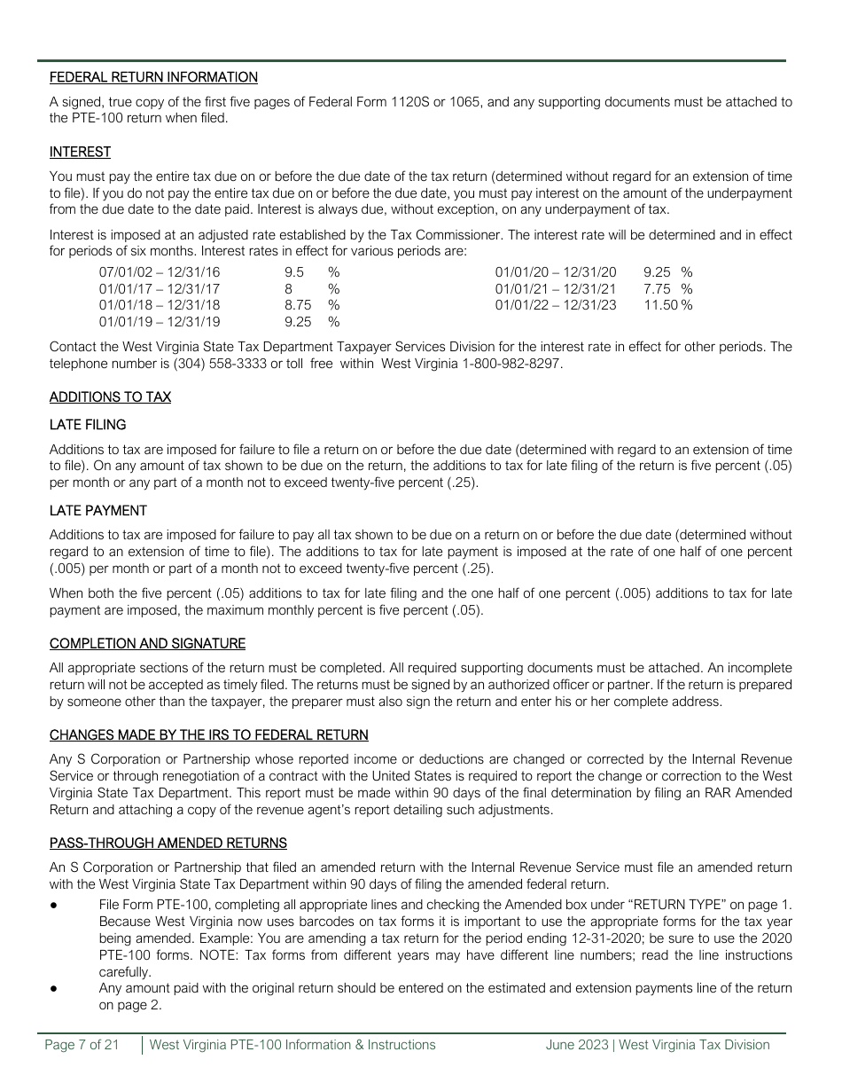 Download Instructions for Form PTE-100, PTE-100TC, PTE-100APT Schedule ...