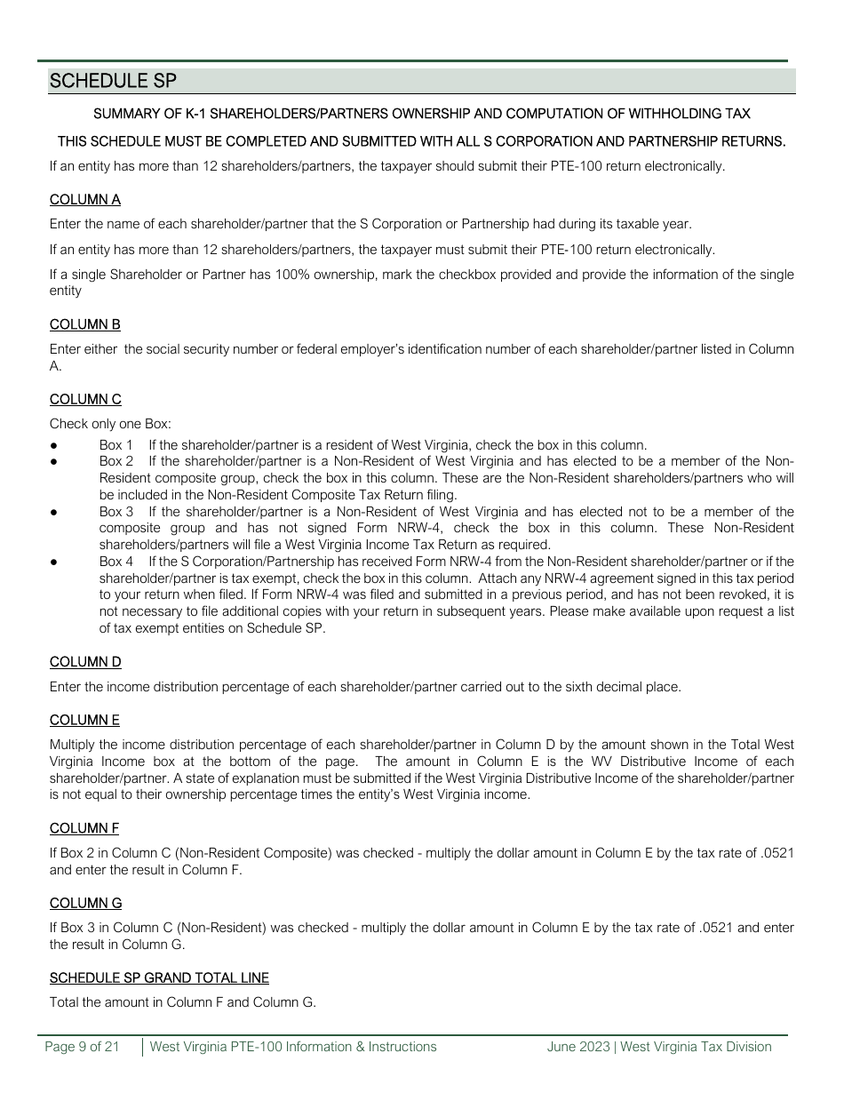 Download Instructions for Form PTE-100, PTE-100TC, PTE-100APT Schedule ...