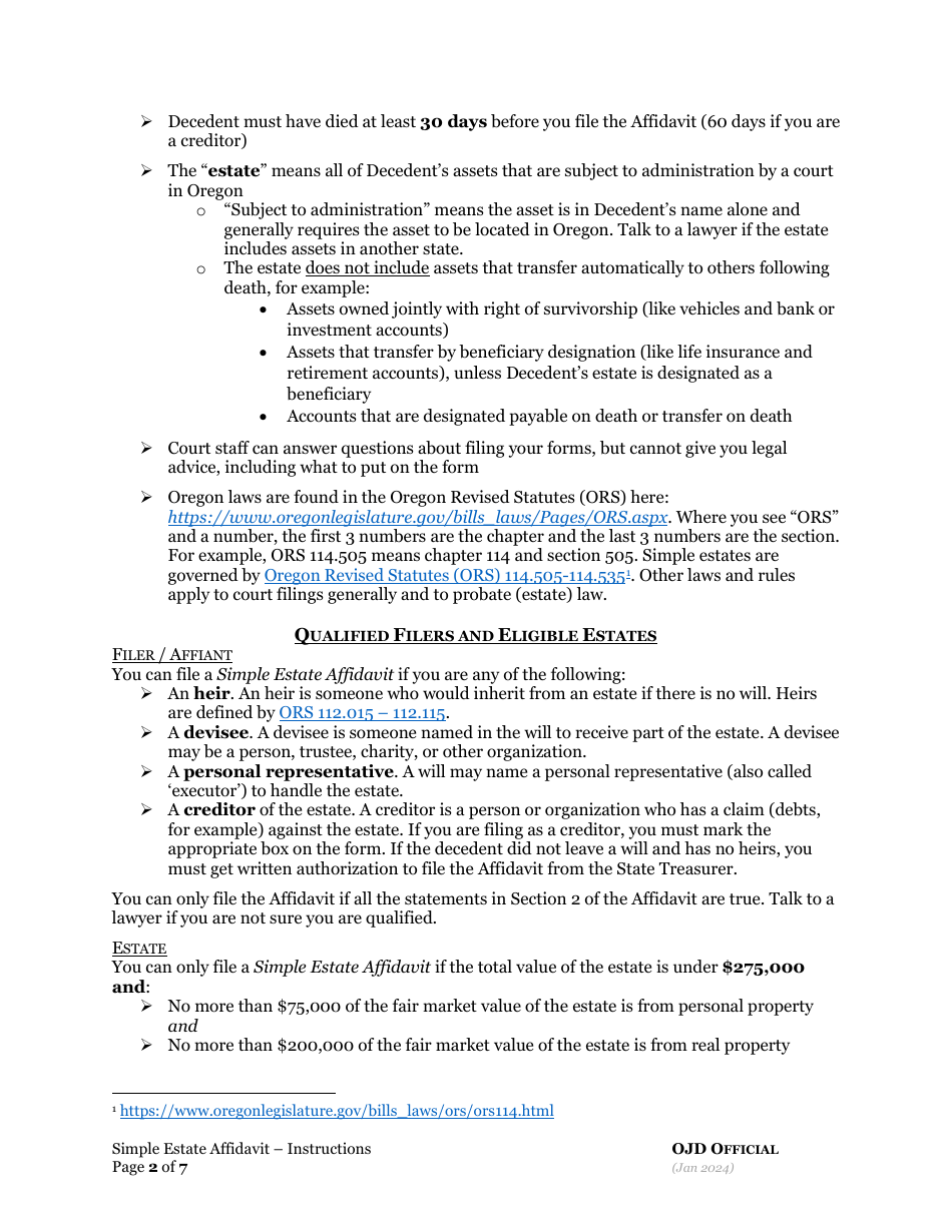 Simple Estate Affidavit - Oregon, Page 2