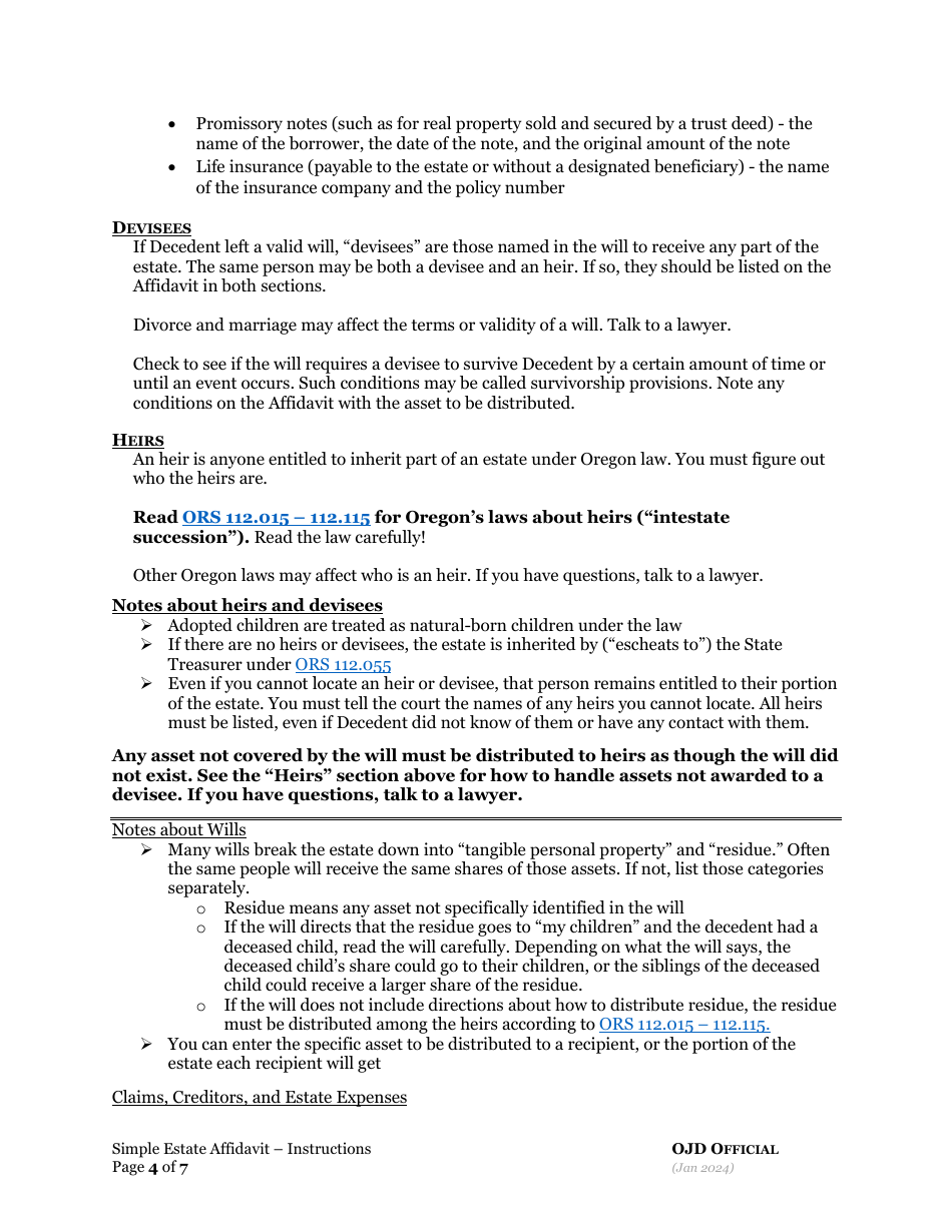 Simple Estate Affidavit - Oregon, Page 4
