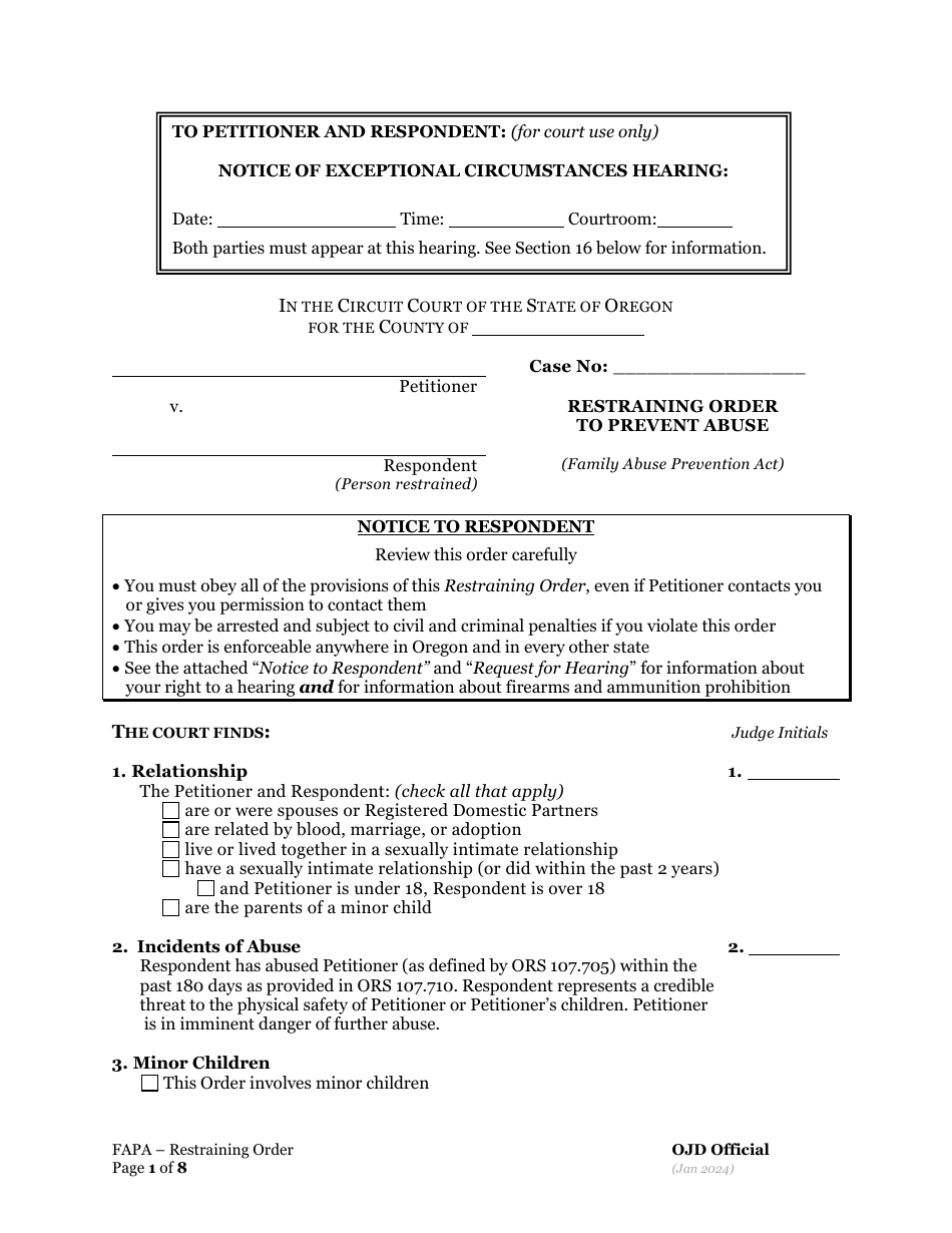 Restraining Order to Prevent Abuse - Oregon, Page 1