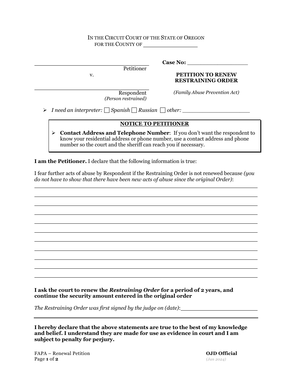 Petition to Renew Restraining Order - Oregon, Page 1