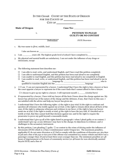Form 4 Petition to Plead Guilty or No Contest - Oregon