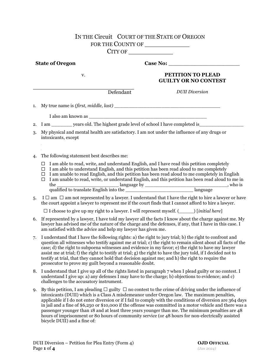 Form 4 Petition to Plead Guilty or No Contest - Oregon, Page 1
