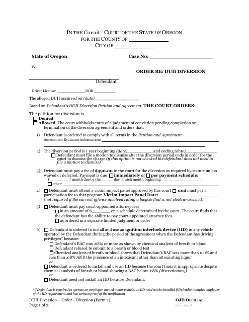 Form 2 Order Re: Duii Diversion - Oregon