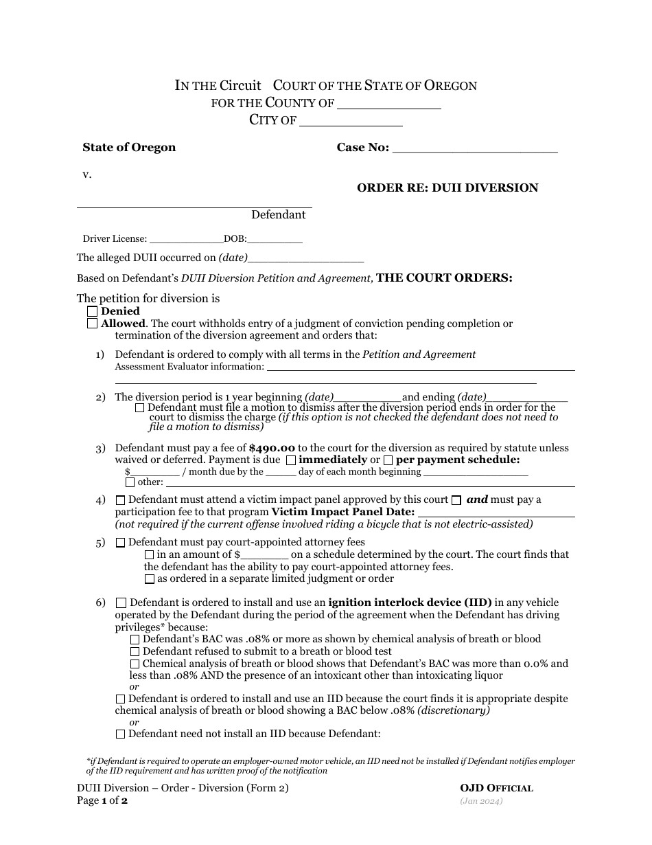 Form 2 Order Re: Duii Diversion - Oregon, Page 1
