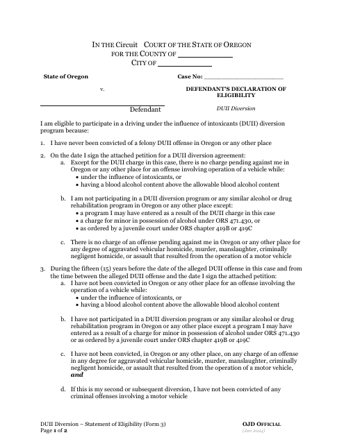 Form 3 Defendant's Declaration of Eligibility - Duii Diversion - Oregon