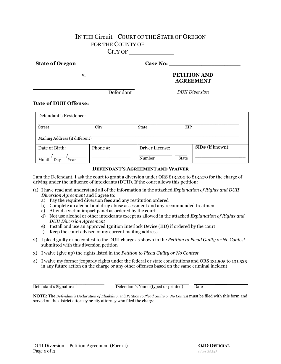 Form 1 Petition and Agreement - Duii Diversion - Oregon, Page 1