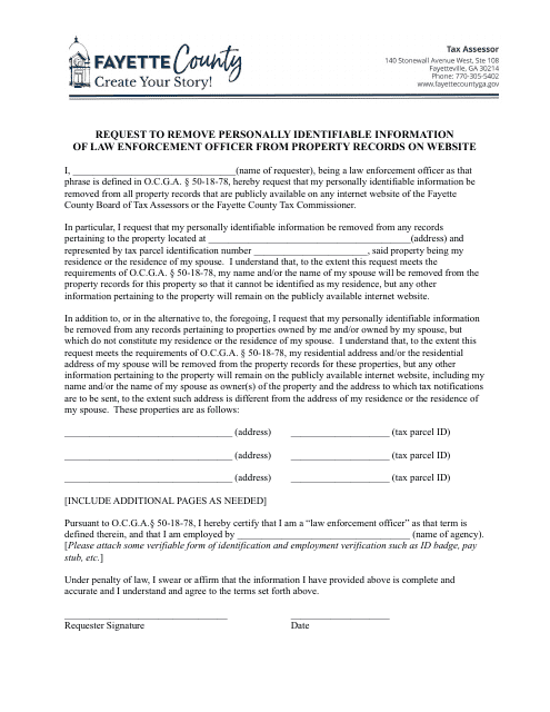Request to Remove Personally Identifiable Information of Law Enforcement Officer From Property Records on Website - Fayette County, Georgia (United States) Download Pdf