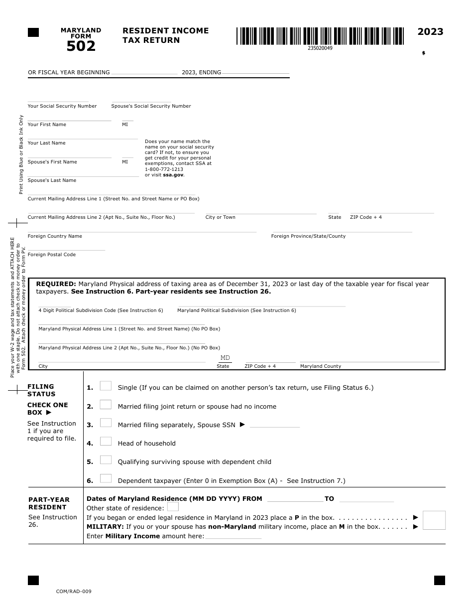 Maryland Form 502 (COM / RAD-009) Resident Income Tax Return - Maryland, Page 1