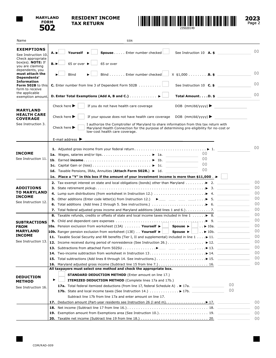 Maryland Form 502 (COM / RAD-009) Resident Income Tax Return - Maryland, Page 2