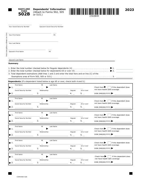 Maryland Form 502B (COM/RAD-026) Dependents' Information - Maryland, 2023