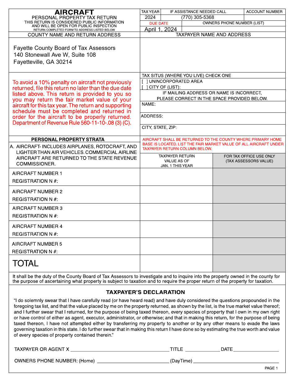 Aircraft Personal Property Tax Return - Fayette County, Georgia (United States), Page 1