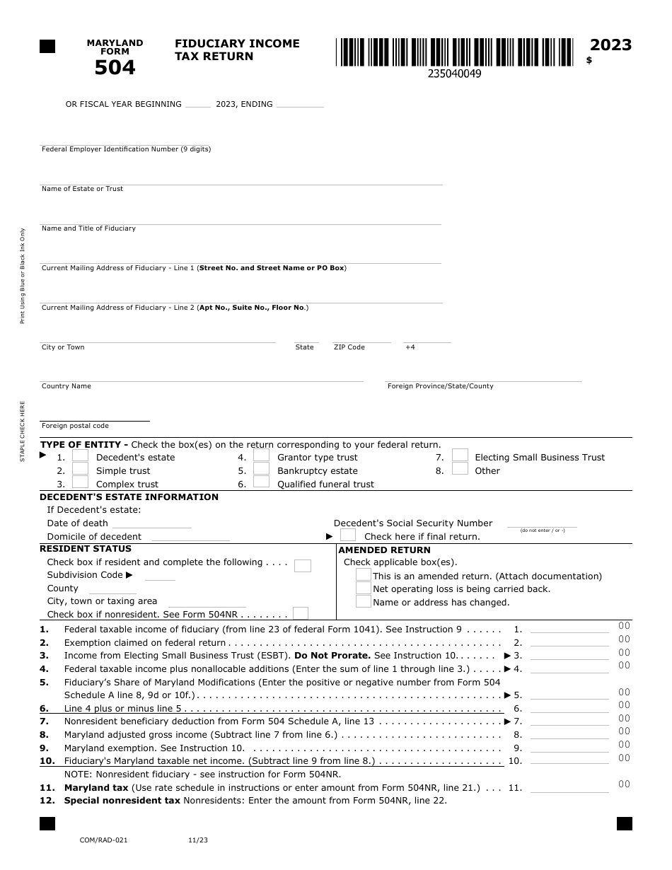 Maryland Form 504 (COM / RAD-021) Fiduciary Income Tax Return - Maryland, Page 1