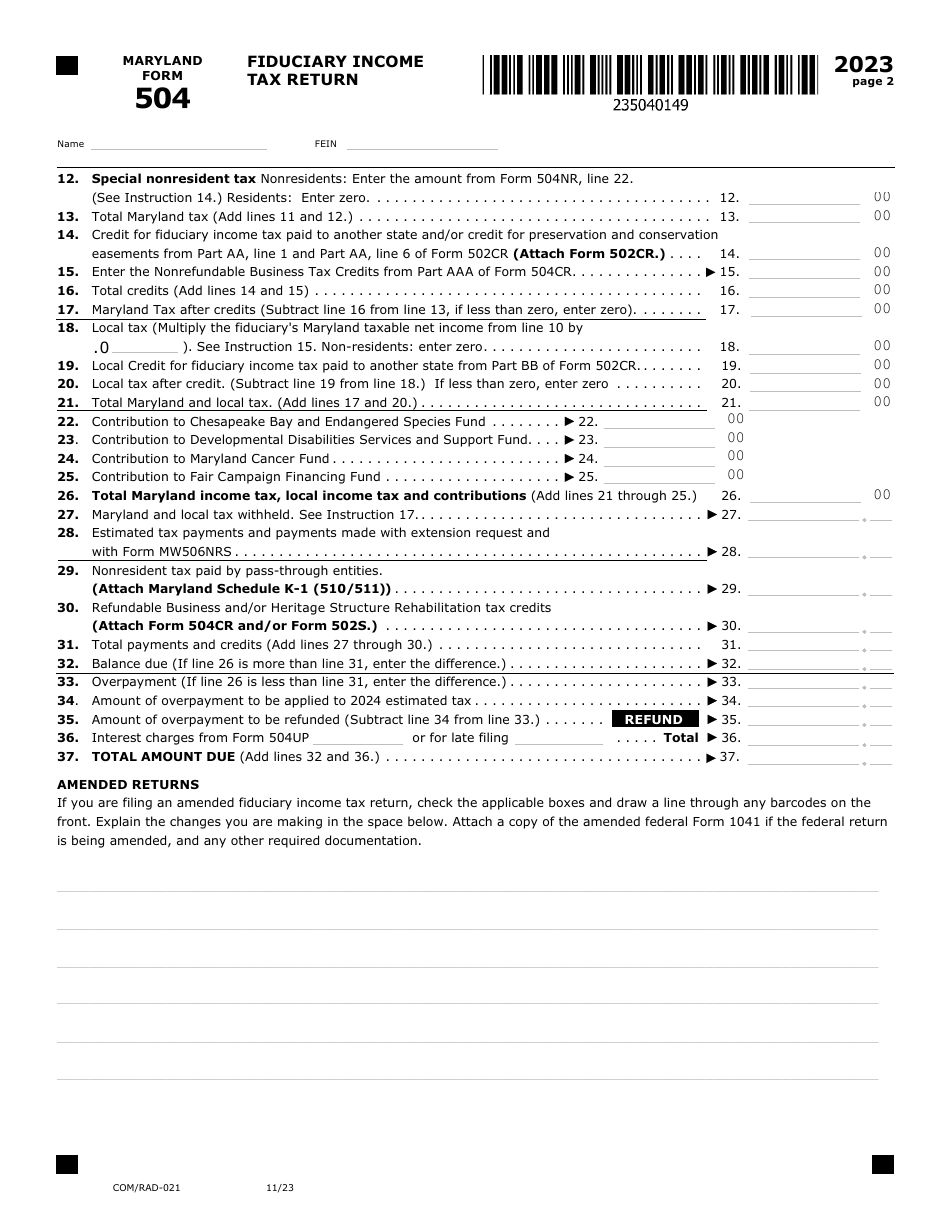Maryland Form 504 (COM / RAD-021) Fiduciary Income Tax Return - Maryland, Page 2