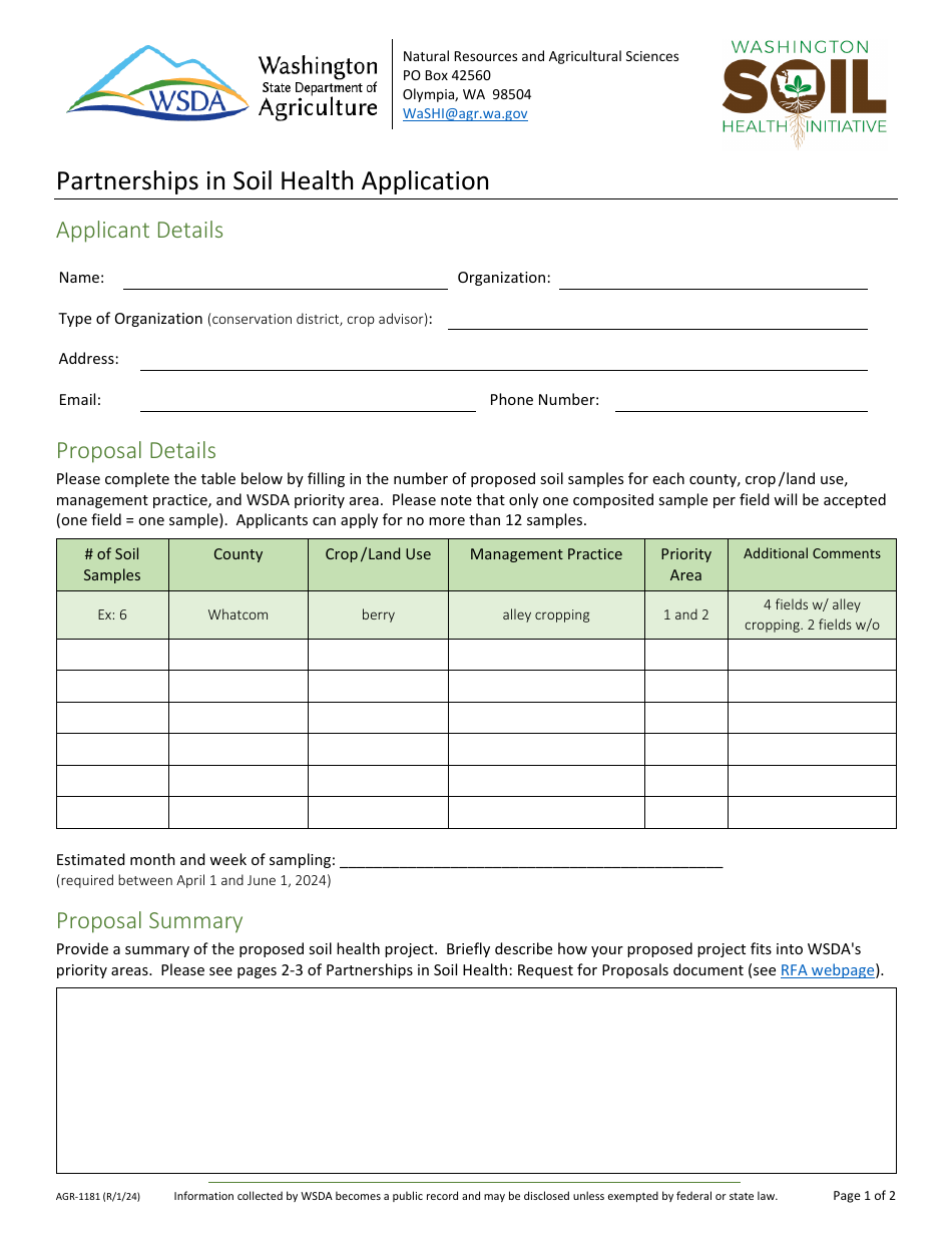 Form AGR-1181 Partnerships in Soil Health Application - Washington, Page 1
