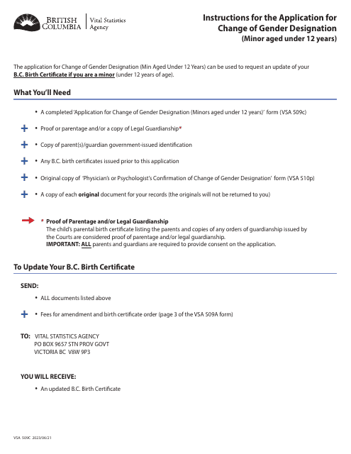 Form VSA509C Application for Change of Gender Designation (Minors Aged Under 12 Years) - Changing B.c. Birth Certificate/Registration - British Columbia, Canada