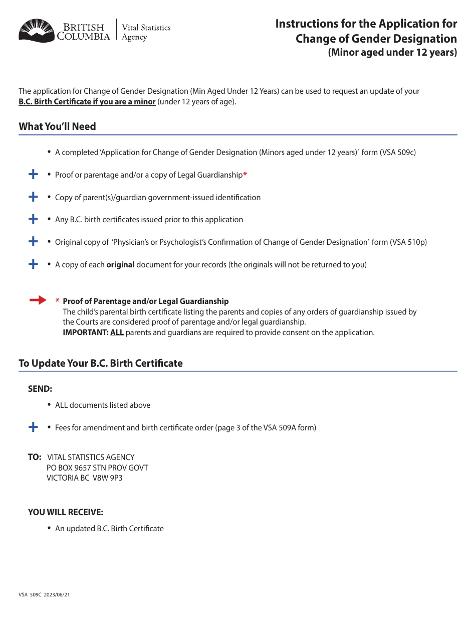 Form VSA509C Download Fillable PDF Or Fill Online Application For   Form Vsa509c Application For Change Of Gender Designation Minors Aged Under 12 Years Changing B C Birth Certificate Registration British Columbia Canada Print Big 