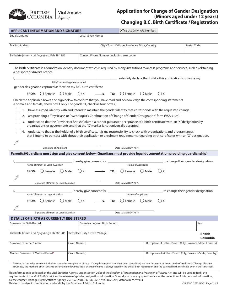Form VSA509C Download Fillable PDF or Fill Online Application for