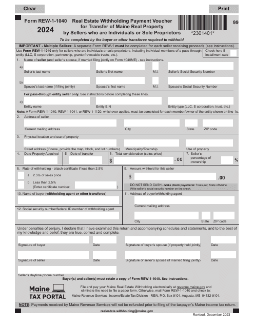 Form REW-1-1040 Real Estate Withholding Payment Voucher for Transfer of Maine Real Property by Sellers Who Are Individuals or Sole Proprietors - Maine, 2024