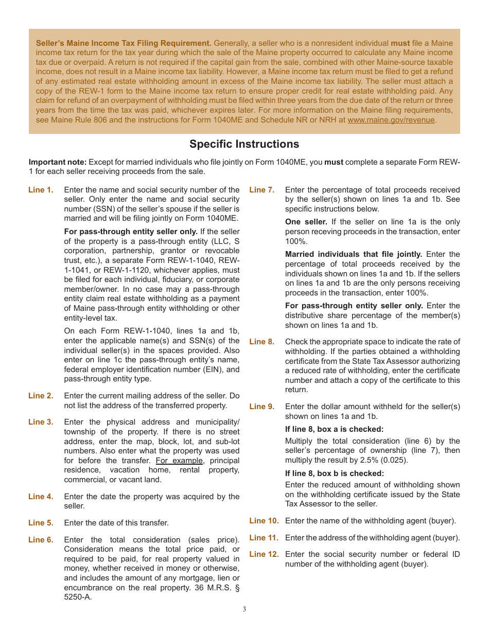 Form REW-1-1040 Real Estate Withholding Payment Voucher for Transfer of Maine Real Property by Sellers Who Are Individuals or Sole Proprietors - Maine, Page 3