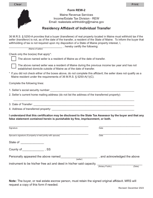 Form REW-2 Residency Affidavit of Individual Transfer - Maine